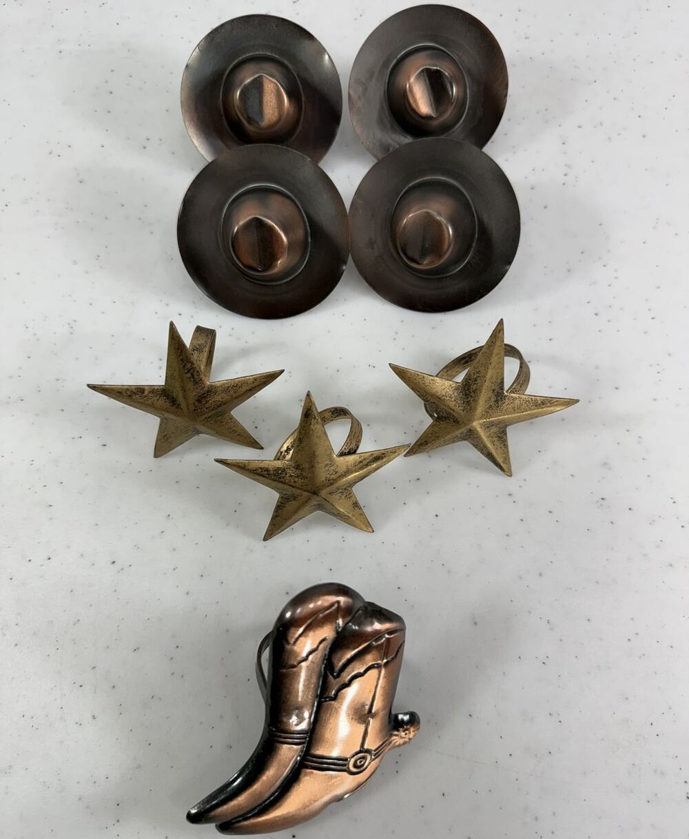 Western Metal Napkin Rings Lot of 8 Cowboy Hats Stars Boots Rustic Table Decor